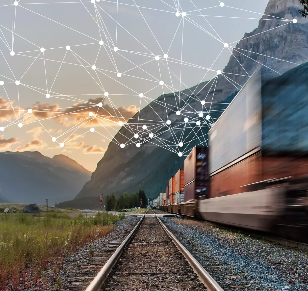 A data network emanates from a fast-moving freight train.