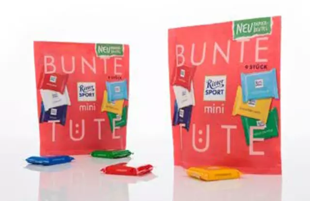 Im Bereich Sekundärverpackung setzt Ritter-Sport bei der Umverpackung der „mini Bunte Tüte“ auf Papier statt Plastik.